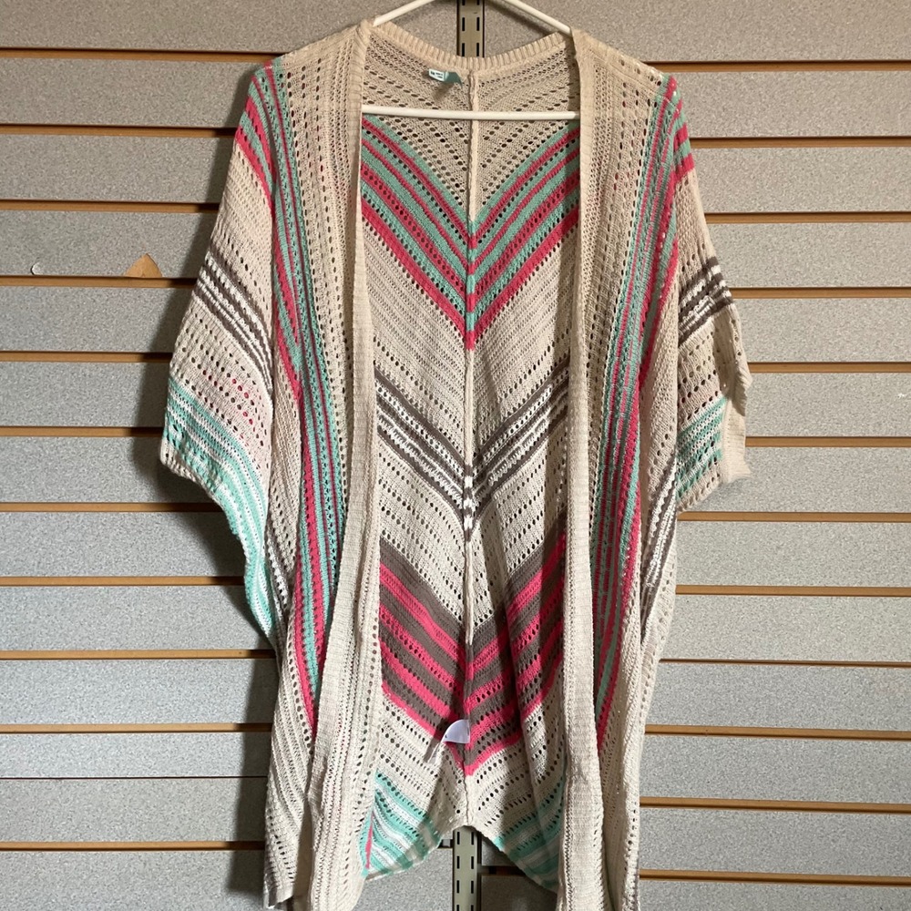 Maurices Women Pink Mint Chevron Stripe Crochet Knit Kimono Cardigan SM SM/MD